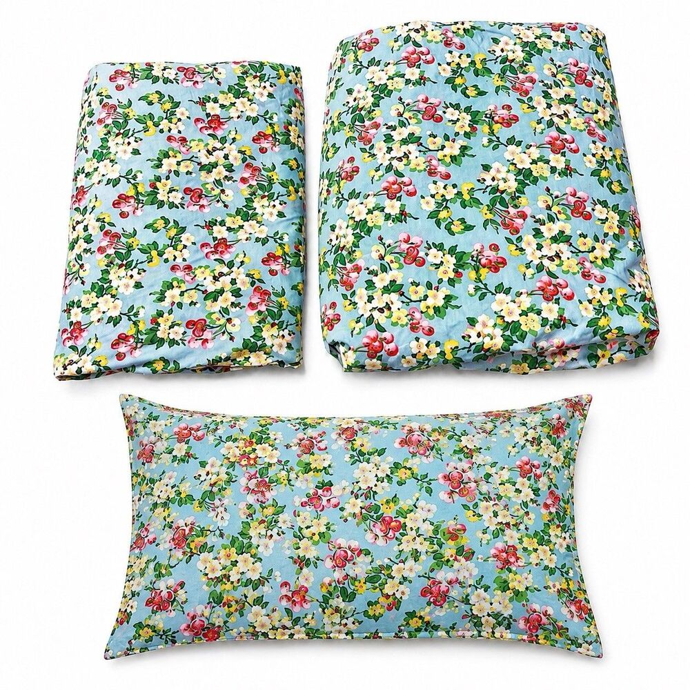 Lauren Ralph Lauren Blue Cherry Blossom Floral Sheet Set Cottagecore Cotton Vtg